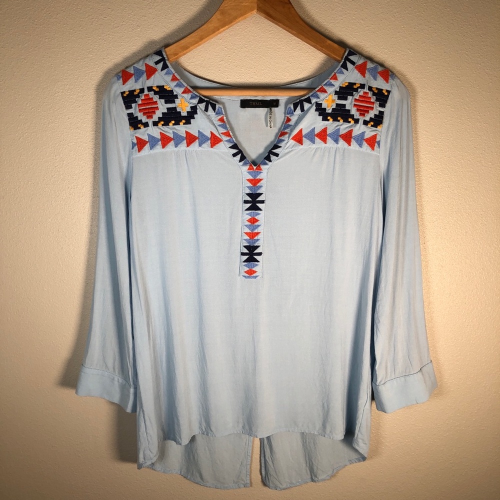 THML Western Boho Embroidered Popover Tunic Blouse